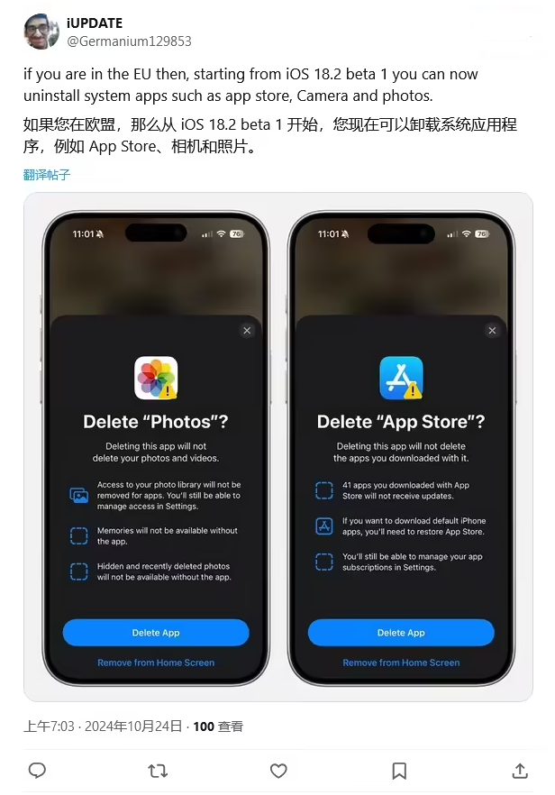 赤壁苹果手机维修分享iOS 18.2 支持删除 App Store 应用商店 